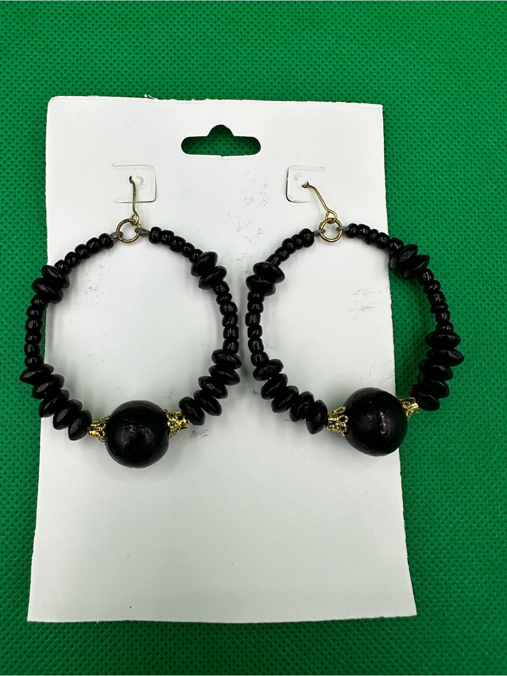 Black Beaded Hoop Earrings with Gold Accents